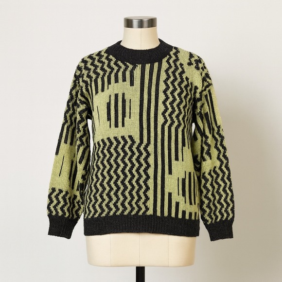 Vintage Arellle Sweater Made In USA Yellow Black Knit Abstract Print Medium 80s - Picture 1 of 8